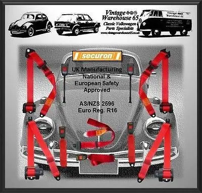 Volkswagen Beetle 1200 1300 Full Set Front & Rear Red Automatic Seat Belt Kit 1