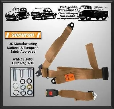 Vintage Warehouse Rear 3 Point Static Lap & Diagonal Seatbelt Kit Beige 1