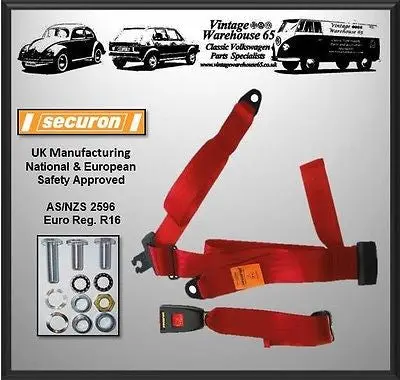 Vintage Warehouse Rear 3 Point Static Lap & Diagonal Seatbelt Kit Red 1