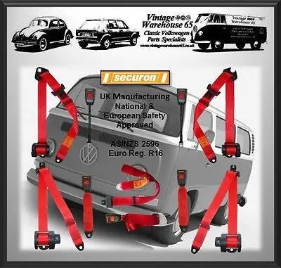 Volkswagen Transporter T2 Camper Set Front & Rear Red Automatic Seat Belt Kit 1
